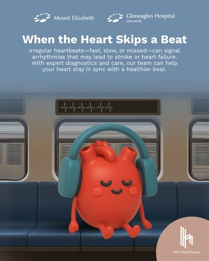 Feel dizzy, breathless, or like your heart skipping a beat? It could be more than stress. It might be arrhythmia—an irregular heartbeat that disrupts your heart’s natural rhythm and, if left untreated, can lead to serious complications like stroke, heart failure, or even sudden cardiac arrest. At Mount Elizabeth Hospitals, our heart specialists use advanced diagnostics and personalised care to detect issues early and keep your heart in rhythm. Don’t miss a beat. Speak to a specialist today. Get 