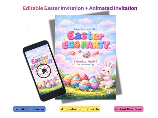 Editable Easter Egg Hunt Invitation, Animated Easter Invite, Bunny Kids Easter Party Invitation, Canva Template, Instant Download - Etsy