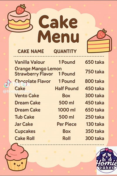 Explore Our Delicious Menu at Homie Cakes