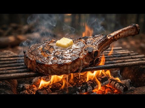 Juicy Tomahawk Steak on Open Fire | Wilderness Cooking ASMR