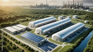 Hydrogen Fuel Cell Power Plant with Solar Panels and Wind Turbines in Industrial Park