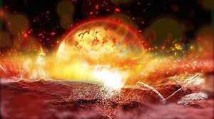 A voluminous golden planet is approaching against the backdrop of a fantastic cosmic landscape.