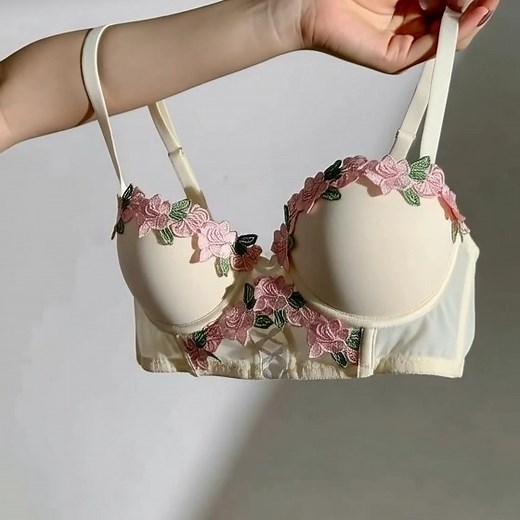 Fall in love with this dreamy cream bustier bra featuring delicate hand-stitched 3D pink roses and green leaves. Push-up cups, corset-style boning, and adjustable straps create the perfect romantic lingerie or outerwear statement piece. #FloralLingerie #RoseBustier #EmbroideredBra #PinkLaceBra #CorsetBra #3DRoses #RomanticLingerie #LuxuryLingerie #BustierTop #FloralBra #CottagecoreLingerie #BridalLingerie #LaceBustier #PrettyUnderwear #LingerieAddict | Smalls