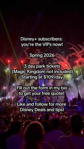 🎬 Disney Subscribers—You’re the VIPs Now! 🌟 Spring 2026 just got a whole lot more magical! ✨ Explore 3 incredible Disney parks (Magic Kingdom not included) starting at just $109/day! 🎢💫 Don’t miss out—fill out the form in my bio for your FREE quote today! Like & follow for more Disney deals, tips, and sneak peeks! 🏰💖 #DisneyDeals #DisneyPlusPerk #SpringBreak2026 #BrittanyPlansDisney #DisneyOnABudget | Dream Getaways by Brittany