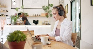 Restaurant, remote work and woman on laptop with headphones for research, website and internet. Freelancer, business and person with cappuccino drink in coffee shop working online and typing email