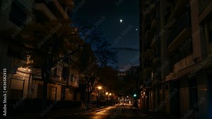 Video animation of night scene on an urban street. There are buildings on either side of the street, which appear to be residential apartments