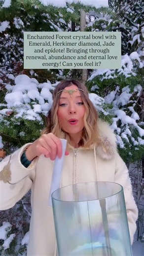 Demetra ~ ✨Sound Healer and Vocal Alchemist✨ on Instagram: "I love our Diamond Light~Enchanted Forest crystal bowl with Emerald, Herkimer Diamond, Jade, and Epidote. 🌲✨ (the freezing rain is sticking to my bowl and creating the scratching noises 🥲😅) This bowl carries such a grounded, heart centered frequency, especially when played in nature. 💚 Emerald Heart opening, renewal, and the energy of eternal love. 🌿 Jade Grounding, harmony, and abundance rooted in Earth wisdom. 💎 Herkimer Diamond