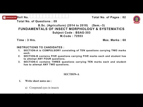 BSC 3RD SEM AGRI FUNDAMENTALS OF INSECT MORPHOLOGY AND SYSTEMATICS NOV 2019 | PTU