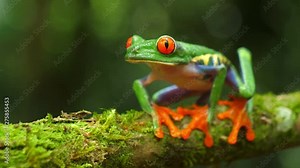 Red-eyed tree frog in its natural habitat in the Caribbean rainforest. Wildlife endangered species. Awesome colorful frogs collection. Agalychnis callidryas, known as the red-eyed treefrog.