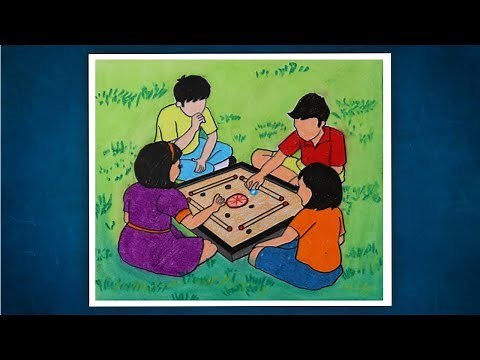 Kids playing carrom Scenery drawing | Scenery Drawing of Carrom Board | Color Pencil drawing