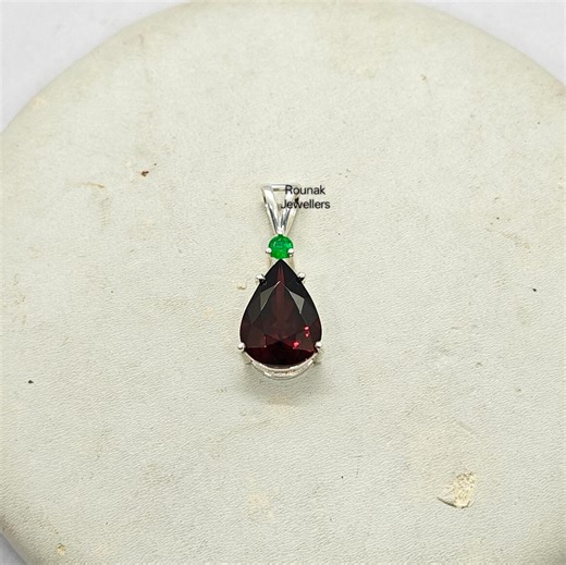 Garnet Pear Cut 925 Sterling Silver Pendant, Emerald Accent - Etsy