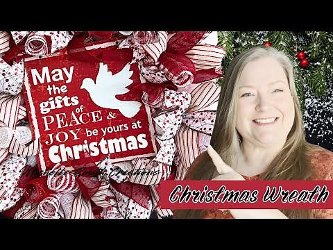 DIY Christmas Wreath Red & White Deco Mesh with Sleigh Bells Peace & Joy Holiday Decor