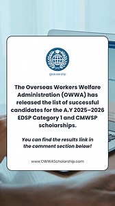 OWWA scholarship has released the results of EDSP Category 1 & CMWSP scholarship for the A.Y. 2025-2026 Congrats to all the new scholarship! 🎉 Check the results link in the comments below! #OWWA #OWWAcares #owwascholarshipupdates #OFWSAUDI #OWWAHONGKONG #reelsviralシ #owwascholarship | Iskolarship Updates