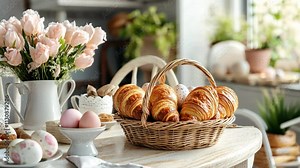 A cafe table set for Easter breakfast with freshly baked digital pic
