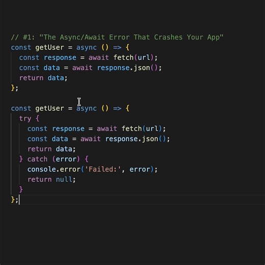 Fullstack Flow on Instagram: "🚨 This async/await mistake crashes your app! Never write async/await without try-catch blocks. One failed API call and your entire application goes down with an unhandled promise rejection. ✅ The fix: Wrap ALL your await statements in try-catch ❌ The mistake: Assuming promises will always resolve This is JavaScript error handling 101 that every developer needs to know! 💡 Key takeaway: Always use try-catch with async/await. No exceptions! 👉 Follow for daily JavaSc