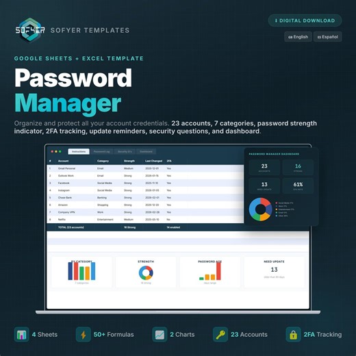 Gestor Contrasenas Spreadsheet | Organizador Cuentas | Indicador Seguridad | Plantilla Google Sheets Excel | Imprimible | Descarga Digital - Etsy
