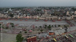 Drone Shot of Ayodhya – Aerial View of Ram Mandir, Sacred Temples, Saryu River, Ghats, and the Spiritual Landscape of the Holy City in Uttar Pradesh, India