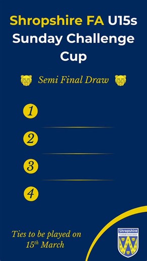 The draw for the Shropshire FA U15s Sunday Challenge Cup Semi Final is complete, good luck to everyone taking part! 👏🏆 #shropshirefa #countycup | Shropshire Football Association
