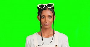 Ok hand, happy and face of Indian woman on green screen for agreement, motivation and approval. Emoji signal, success mockup and portrait of girl in studio with okay sign, thank you or yes gesture