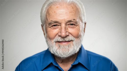 Portrait series of a happy elderly caucasian man with white hair and beard blinking and smiling. Headshot sequence showing a positive and authentic facial expression