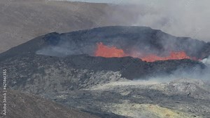 Lava fountains spout from the cone of a volcano, barren rocky deserts, volcanism, geology, Fagradalsfjall, Reykjanes, Grindavik, Iceland, Europe