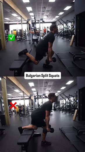 The Bulgarian split squat looks simple, but your foot placement can make or break the movement. In the top half of this video, you’ll see proper form: ✅ The front foot is far enough forward to allow a vertical shin ✅ The back knee drops straight down with control ✅ The torso stays upright and balanced ✅ The full range of motion is used without strain In the bottom half, the setup is off: ❌ When the front foot is too far back, the knee travels too far forward and balance is compromised ❌ When it’