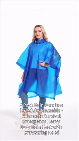 2 Pack Rain Ponchos for Adults Reusable - Raincoats Survival Emergency Heavy Duty Rain Coat with Drawstring Hood