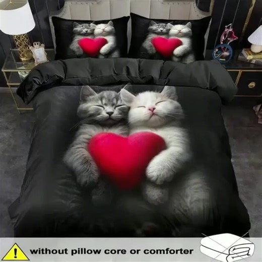 3pcs Romantic Heart Cat Print Duvet Cover Set, King Queen Style Bedding, Polyester, Bedroom Guest Room Decor, Birthday Gift #beddingset #oversizedcomforter #floralcomforter #floralquiltset #targetchristmasbedding #pillowset #bohofloralquiltset #beddingmusthaves #bedcomforter #kingsizepillows