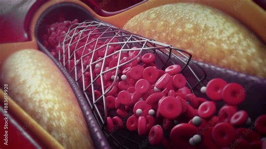 Close-up medical visualization of balloon angioplasty as a catheter-mounted balloon expands inside a narrowed artery to restore blood flow during cardiovascular treatm