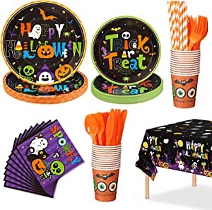 Amazon.com: 194 Pieces Halloween Party Supplies Tableware Set,Paper Dessert Plates Cups and Napkins Plastic Tablecloth Disposable Straws Knives Forks for Happy Halloween Holiday Party Decorations : Home & Kitchen