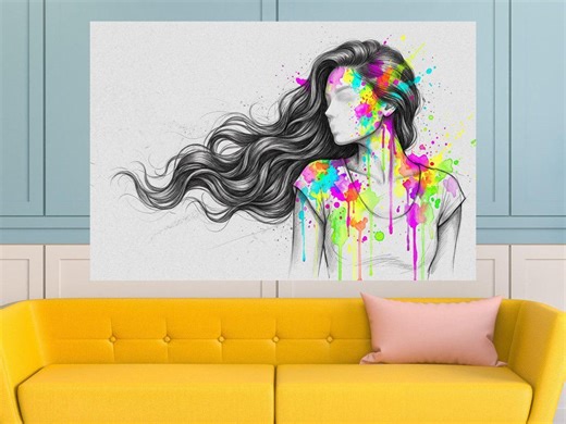 Color Splash Woman Wall Art, Abstract Watercolor Portrait, Minimalist Line Art, Modern Aesthetic Decor, Printable Art, Digital Download - Etsy
