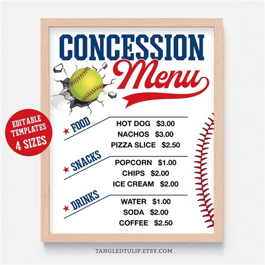Softball Concession Menu Poster | Large Editable Softball Refreshment Stand Price List | Printable Template | Instant Download CON1 - Etsy