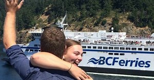 "As we headed into Active Pass we set up on one of the benches on deck 7. As the Spirit of BC came into view, we could see that the outer decks were crowded with waving passengers. Allison and I stood at the railing and I commented on how many people there were on the other vessel! As the ferries began to pass each other, my sister and two of my friends unrolled the banner on the outer deck of the Spirit of BC with the help of some of the over 200 passengers that they had recruited to cheer us o