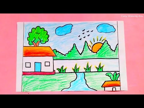 Nature scenery drawing for Beginners | Easy scenery drawing for competition |Village scenery drawing
