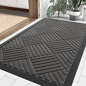 Smiry Front Door Mat Outside Entrance, Heavy Duty Outdoor Indoor Natural Rubber Doormat, Non Slip, Trap Dirt and Moisture, Easy Clean, Low Profile Patio Porch Entryway Mat, 29.5x17, Grey