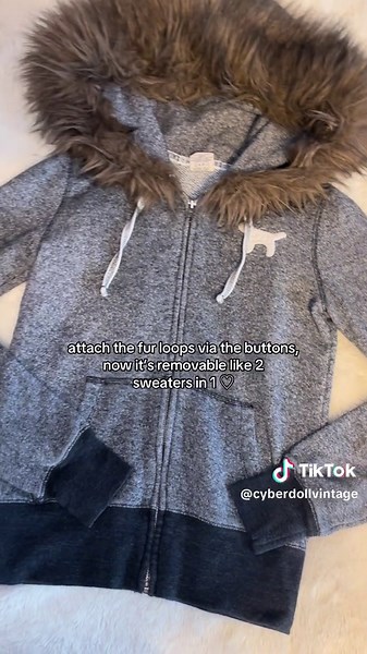 super easy upcycling inspo…🐻🍒 i made this 2-in-1 sweater for a recent style bundle order (i found the fur collar at the thrift & it had loops already attached which made it perfect for using buttons!) #y2k #mcbling #upcycling #thrift #thrifted #upcycledfashion #upcycle #furhoodie