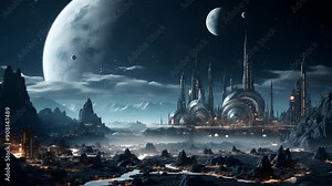 A futuristic cityscape on an alien planet. The city is illuminated by lights and surrounded by mountains. A large moon and its smaller moon are in the night sky.