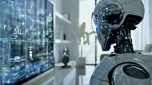 Robot uses computer to work.