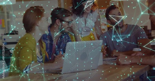 5 colleagues leaning into laptop standing woman pointing newcomer entering data overlay hovering