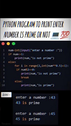 number is prime or not python program | python code to logic building #coding #pythoncode #python