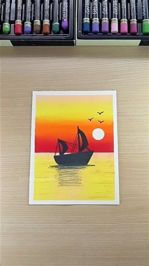 ✨ Easy boat painting l sunset landscape with oil pastel art #shorts #art #ytshorts #painting