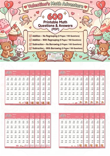 Valentine’s Math Worksheets Printable – 600 Addition & Subtraction Problems With Answer Key PDF - Etsy