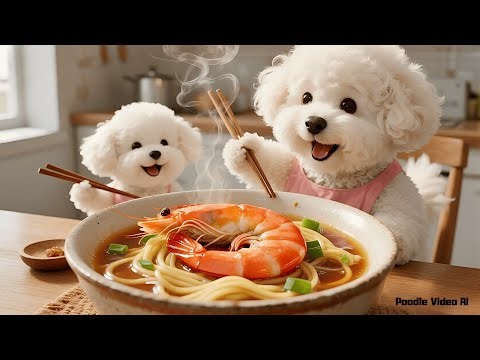 Cute Poodle Family Mukbang – Giant Shrimp Noodle Bowl Feast 🐩🍜🍤🔥 | AI Animation