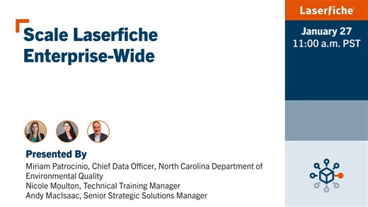 Enterprise-wide automation can be a lengthy journey. 🗺️ But it doesn't have to be with the right strategies. ✅ Join us for a special conversation with Miriam Patrocinio, Chief Data Officer at the NC Dept of Environmental Quality, and the Laserfiche team! 🎙️ Learn their strategies for expanding Laserfiche into a secure, enterprise-wide automation platform: https://lsrfch.co/4qQexyh | Laserfiche