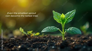A young plant sprouting from rich soil with 'Even the Smallest Sprout Can Become the Tallest Tree' Text Animation, Motivational. Generative AI Stock Video