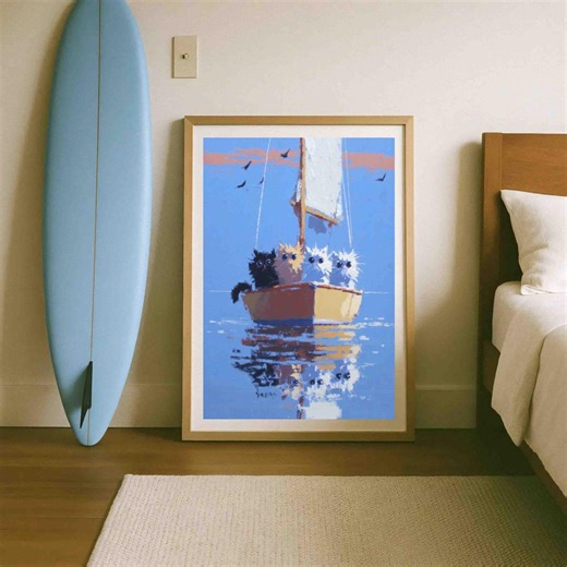 Cats Sailing Boat Print: Funny Cat Nautical Wall Art, Sailor Cats Painting (digital Download) - Etsy