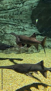 footage of American paddlefish also known as a Mississippi paddlefish, spoon-billed cat, or spoonbill at OdySea Aquarium in Scottsdale Arizona USA