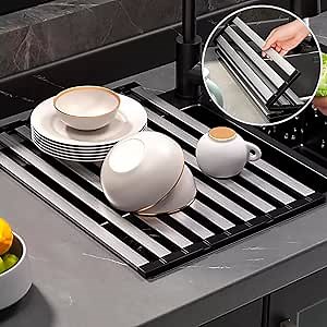 Over Sink Dish Drying Rack - Foldable Stainless Steel Drainer for Kitchen Sink Counter, Multipurpose Dish Rack, Roll Up Dryer Drain Dishes Organizer, Silicone Wrapped Dish Drying Rack, (17.5"x13.1")