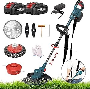 Electric Weed Wacker Battery Powered 4000mAh, 21V Weed Eater Cordless String Trimmer with 4 Types Blades & 2 Pcs Battery & 1 Shoulder Strap (Blue)