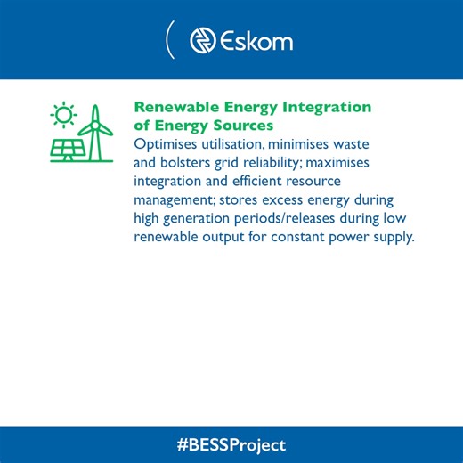 3K views · 15 reactions | Eskom invests in Battery Energy Storage Systems (BESS) to improve renewable energy use, grid stability, efficiency, and reduce environmental impact, while addressing network challenges and managing peak demand. Here are the benefits of this technology  #BESSProject | Eskom Hld SOC Ltd | Facebook
